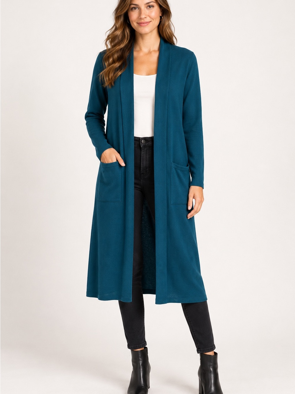 Cyrus Teal Open-Front Long Cardigan